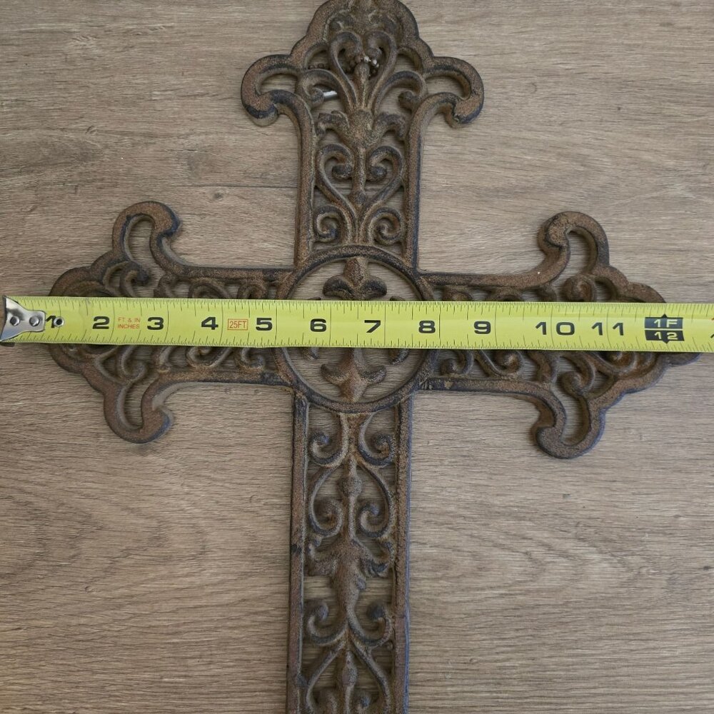 Cast Iron Hanging Cross Scrollwork Rustic Brown Finish Religious Heavy - Picture 7 of 10